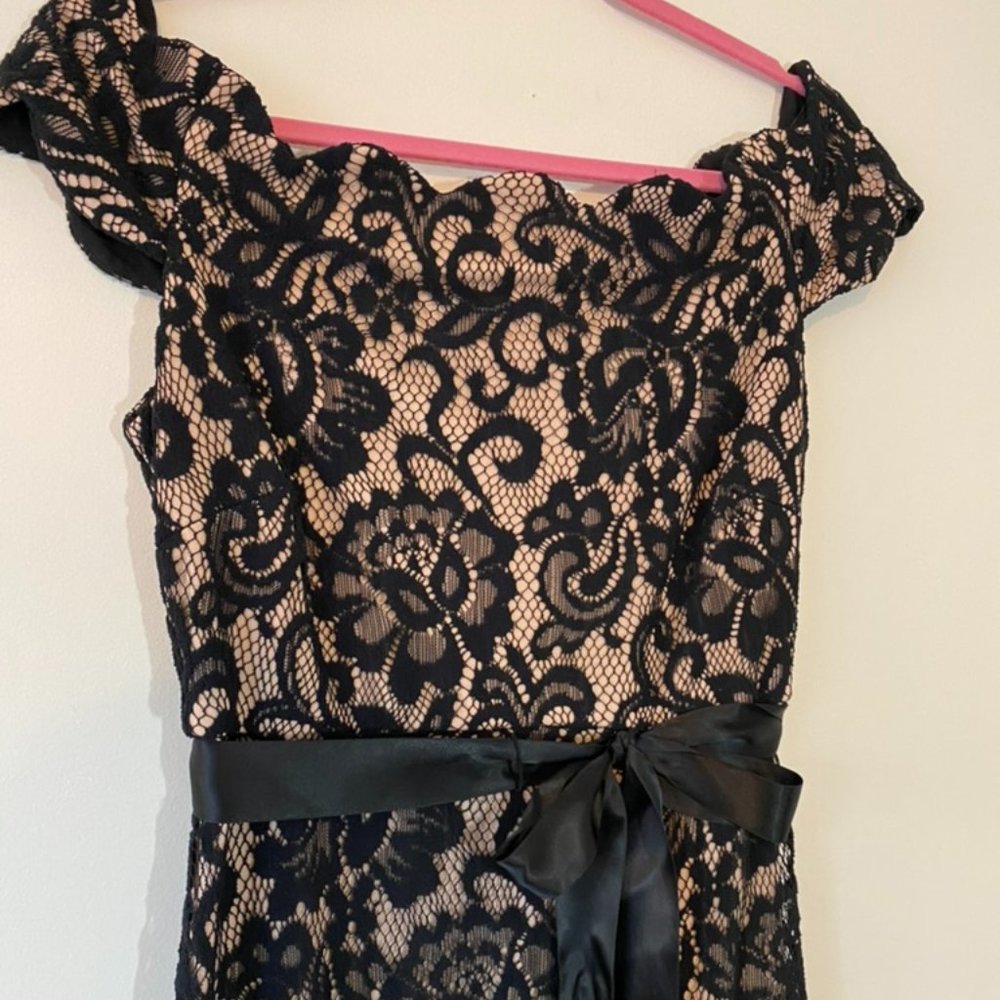 Betsy & Adam Lace Overlay Black Off the Shoulder Gown Size 8P